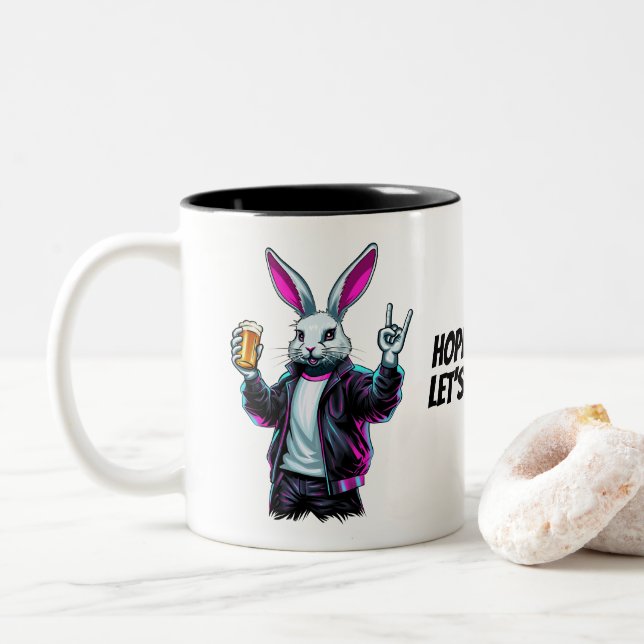 Caneca De Café Em Dois Tons Coelho da Páscoa malvado! Páscoa Alegre, Vamos nos (Com Donut)