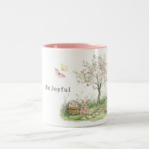 Caneca De Café Em Dois Tons Coelho de Árvore Floral Rosa Ovos de Páscoa Alegri