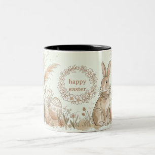 Caneca De Café Em Dois Tons Coelho de Páscoa Boho com Ilustração de Coroa Flor
