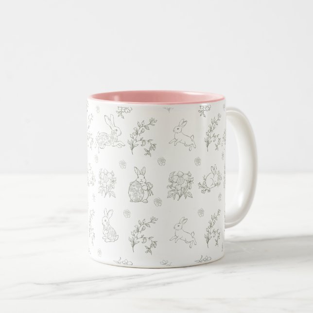 Caneca De Café Em Dois Tons Coelhos de Páscoa Toile Verde Sage (Frente Esquerda)