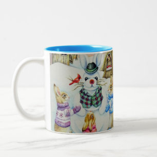 Caneca De Café Em Dois Tons Coelhos Invernos Construindo Snowbunny Watercolor