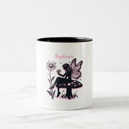 Caneca De Café Em Dois Tons Cogumelo e Flor de Fada Fofos Preto e Rosa