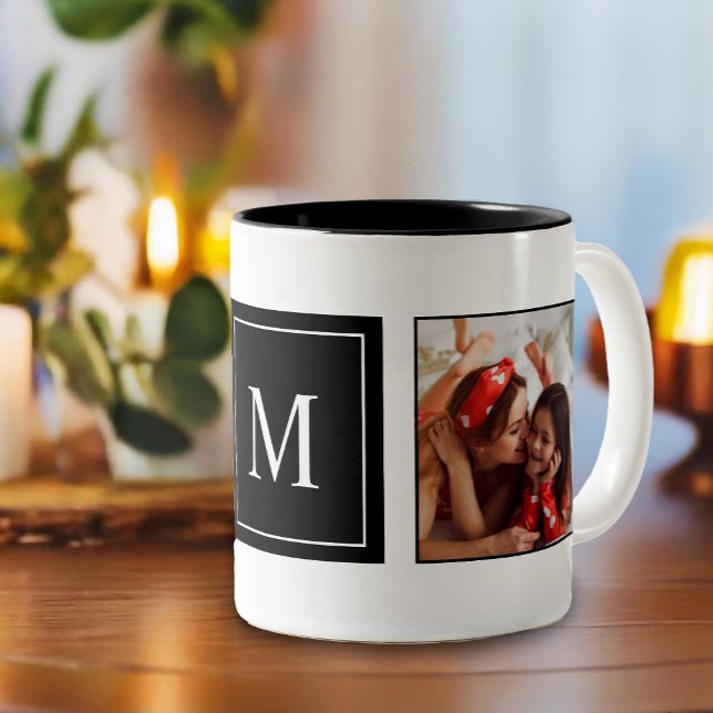 Caneca De Café Em Dois Tons Colagem de Fotografias do Monograma Moderno (A perfect gift for holidays or birthdays. Surprise your loved one with a monogrammed mug)