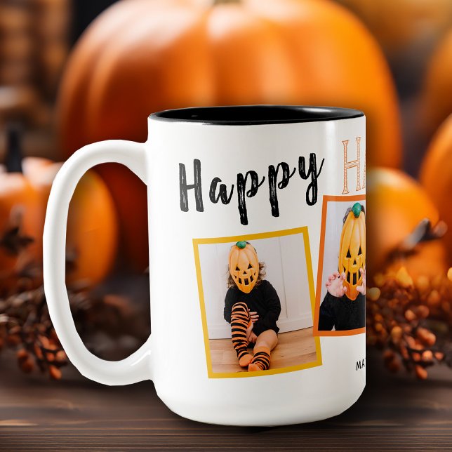 Caneca De Café Em Dois Tons Colagem de Fotos Feliz Halloween Monogramada (Take your morning cup of joe to a spook-tacular level this Halloween season with our Halloween Mug)