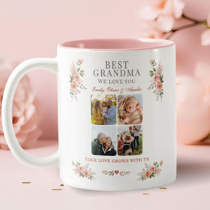 Caneca De Café Em Dois Tons Colagem de Fotos Floral da Melhor Avó
