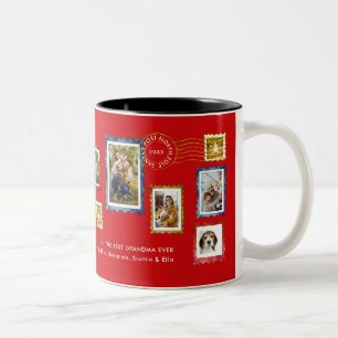 Caneca De Café Em Dois Tons Colagem de Fotos Selos Vintage Vermelhos Natal Vov