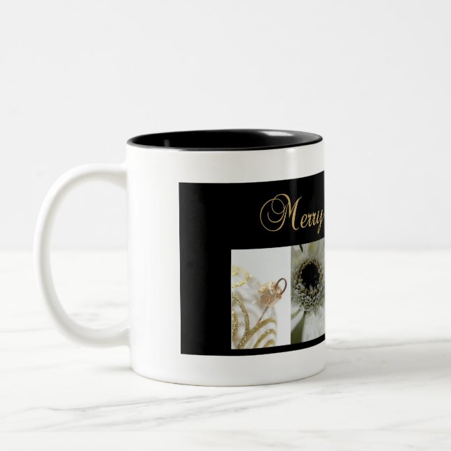 Caneca De Café Em Dois Tons Colagem de Natal Preta, Branca e Dourada (Esquerda)