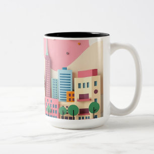 Caneca De Café Em Dois Tons Colagem de Papel de Pastel Cityscape