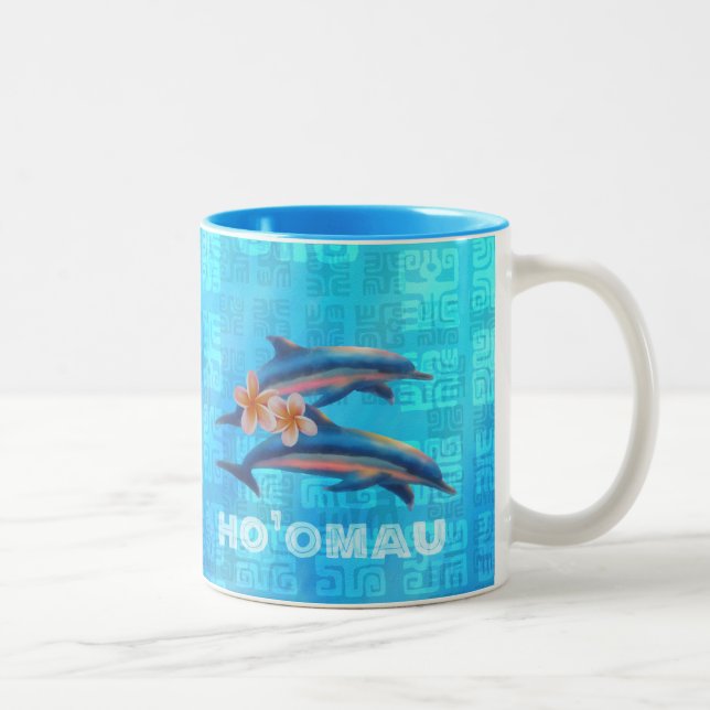 Caneca De Café Em Dois Tons Colagem Primitiva de Golfinhos Havaianos de HO’OMA (Direita)