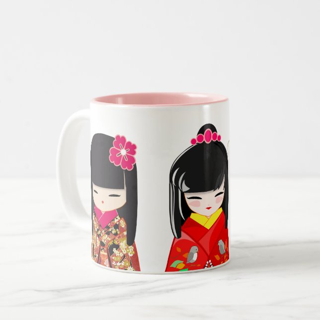 Caneca De Café Em Dois Tons Coleção de Doll Kokeshi (Frente Esquerda)