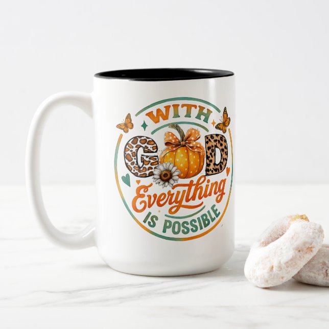 Caneca De Café Em Dois Tons Com Deus Tudo É Possível (Com Donut)