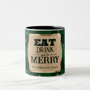 Caneca De Café Em Dois Tons Coma, Beba e Alegre-se Natal Xadrez Verde