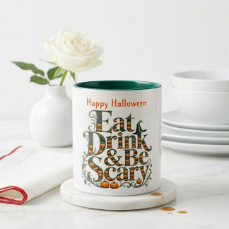 Caneca De Café Em Dois Tons Coma, Beba & Seja Assustador Tipografia Moderna Ha