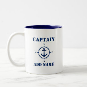Caneca De Café Em Dois Tons Compass Anchor Capitão Adicionar Nome ou Nome do B