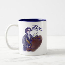 Caneca De Café Em Dois Tons Compositor Clássico Chopin Arte no Piano Vintage