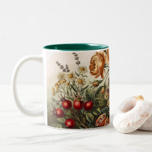 Caneca De Café Em Dois Tons Conjunto de Arte Floral Vintage de Outono, Botânic