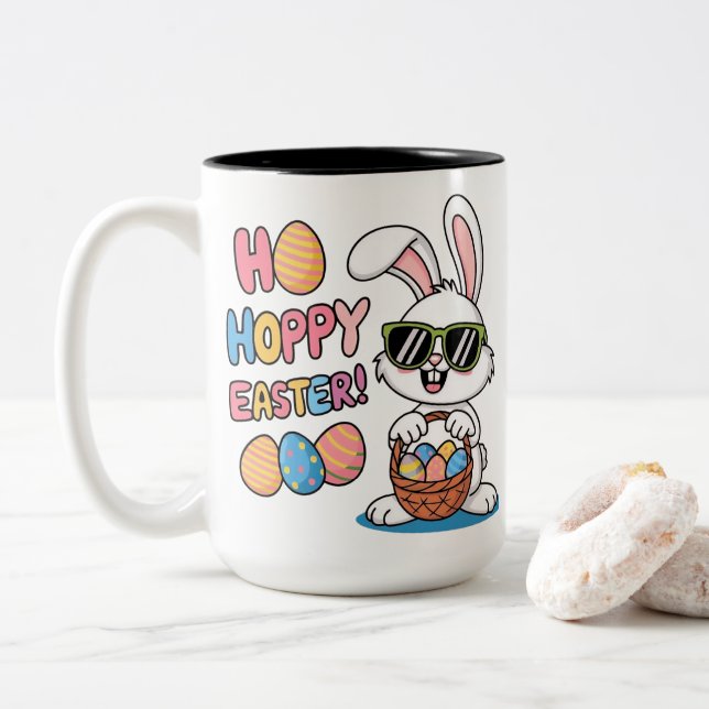 Caneca De Café Em Dois Tons Cool Hoppy Easter Bunny Sunglasses and Basket Kids (Com Donut)