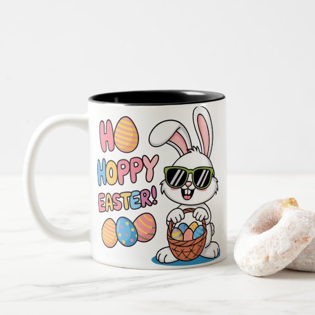 Caneca De Café Em Dois Tons Cool Hoppy Easter Bunny Sunglasses and Basket Kids (Com Donut)