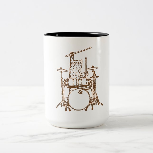 Caneca De Café Em Dois Tons Cool Musician Cat Playing Drums  (Centro)