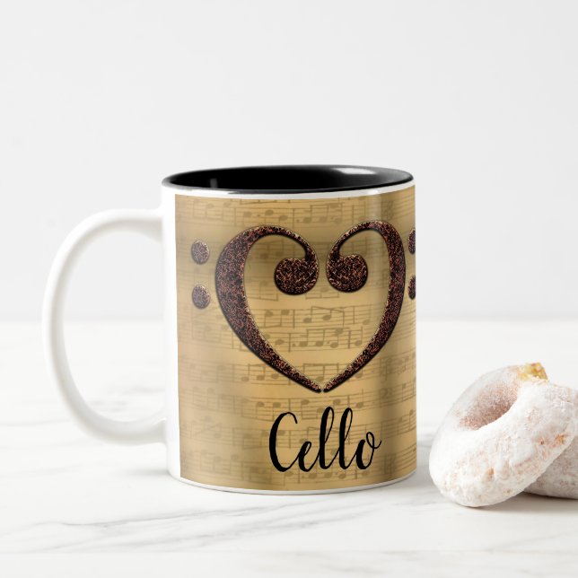 Caneca De Café Em Dois Tons Copper Double Bass Clef Heart Cello (Com Donut)