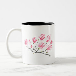 Caneca De Café Em Dois Tons Cor d'água Rosa Magnolia Natureza Floral Botânica