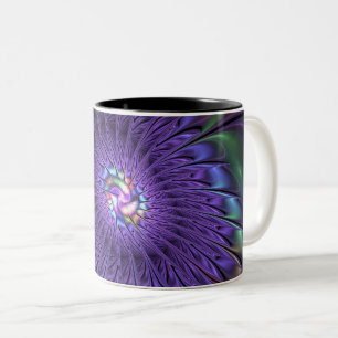 Caneca De Café Em Dois Tons Cor Floral Fractal Abstrata Moderna Colorida