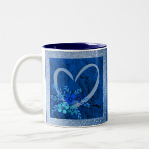 Caneca De Café Em Dois Tons Coração Azul de Café com Flores