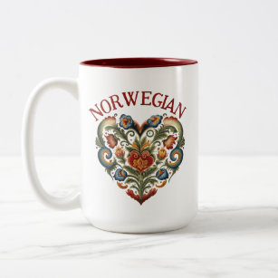 Caneca De Café Em Dois Tons Coração de Arte Folk Norueguesa Rosemaling