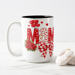 Caneca De Café Em Dois Tons Coração de Rosa Vermelha da Mamãe e Arco Xadrez Gr