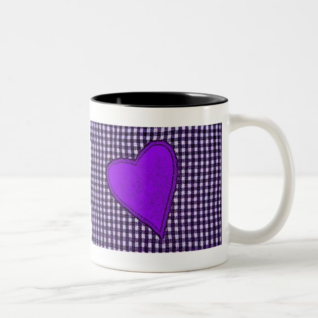 Caneca De Café Em Dois Tons Coração de Xadrez Roxo (Direita)