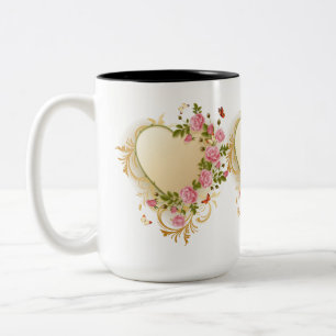 Caneca De Café Em Dois Tons Coração Dourado de Rosas em cascata