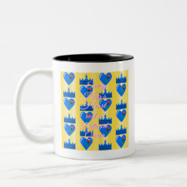 Caneca De Café Em Dois Tons Coração e Coroa do Rei Azul com Flor Vermelha