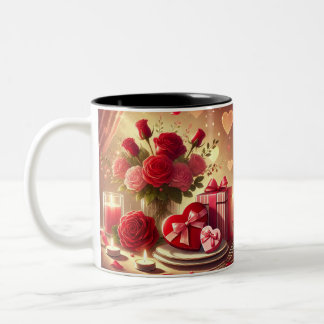 Caneca De Café Em Dois Tons Coração e Flores