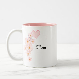 Caneca De Café Em Dois Tons Coração Rosa e Flores da Mamãe