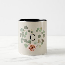 Caneca De Café Em Dois Tons Coração Rústico de Rosa Rosa e Eucalipto Casamento