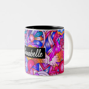 Caneca De Café Em Dois Tons Corações Coloridos e Flores Abstrato Personalizada