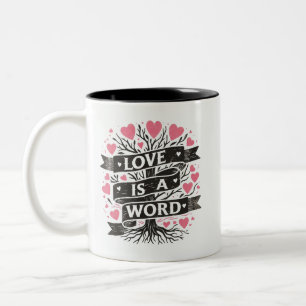 Caneca De Café Em Dois Tons Corações cor-de-rosa o amor é uma Árvore de Palavr