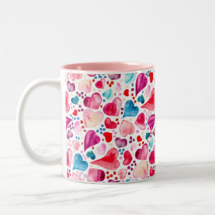 Caneca De Café Em Dois Tons Corações de Aquarela do namorados e Confetti