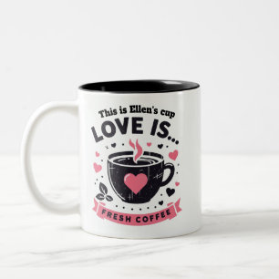 Caneca De Café Em Dois Tons Corações de fita cor-de-rosa o amor é café fresco