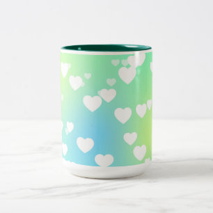 Caneca De Café Em Dois Tons Corações de pastel, dois cafés e caneca de chá