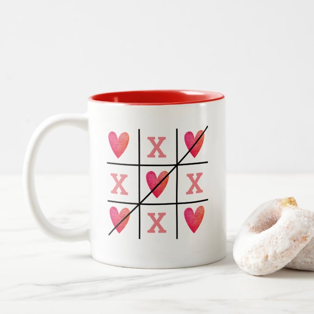 Caneca De Café Em Dois Tons Corações do Namorados Vermelho Romântico (Com Donut)