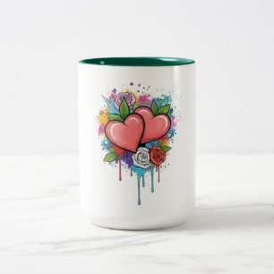 Caneca De Café Em Dois Tons Corações Românticos e Rosas