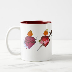 Caneca De Café Em Dois Tons Corações Sagrados e Imaculados de Jesus e Maria