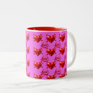 Caneca De Café Em Dois Tons Corações Vermelhos Brilhantes e Rótulo de Amor em