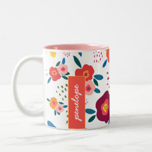 Caneca De Café Em Dois Tons Coral de Padrão de Nome Personalizado Floral Perso