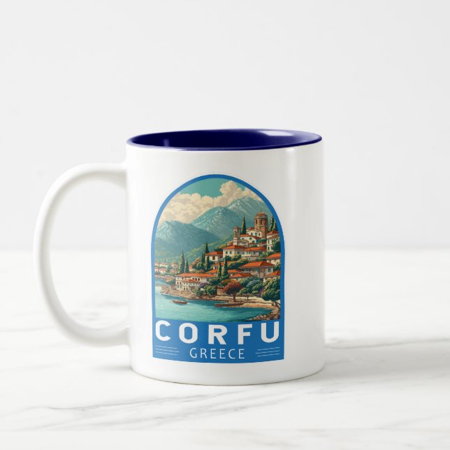 Caneca De Café Em Dois Tons Corfu Greece Travel Art Emblem (Esquerda)