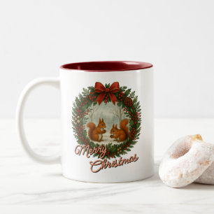Caneca De Café Em Dois Tons Coroa de Férias em Inglês Retro com Esquilos Fofos