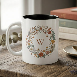 Caneca De Café Em Dois Tons Coroa de Flor Silvestre Outonal Rústica Monograma