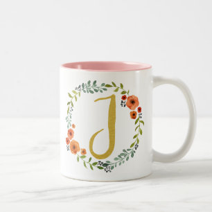Caneca De Café Em Dois Tons Coroa de Flores Botânicas com Monograma Inicial J