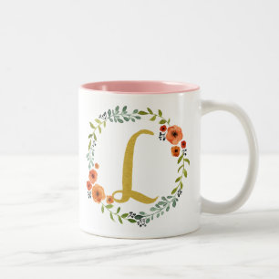 Caneca De Café Em Dois Tons Coroa de Flores Botânicas com Monograma Inicial L